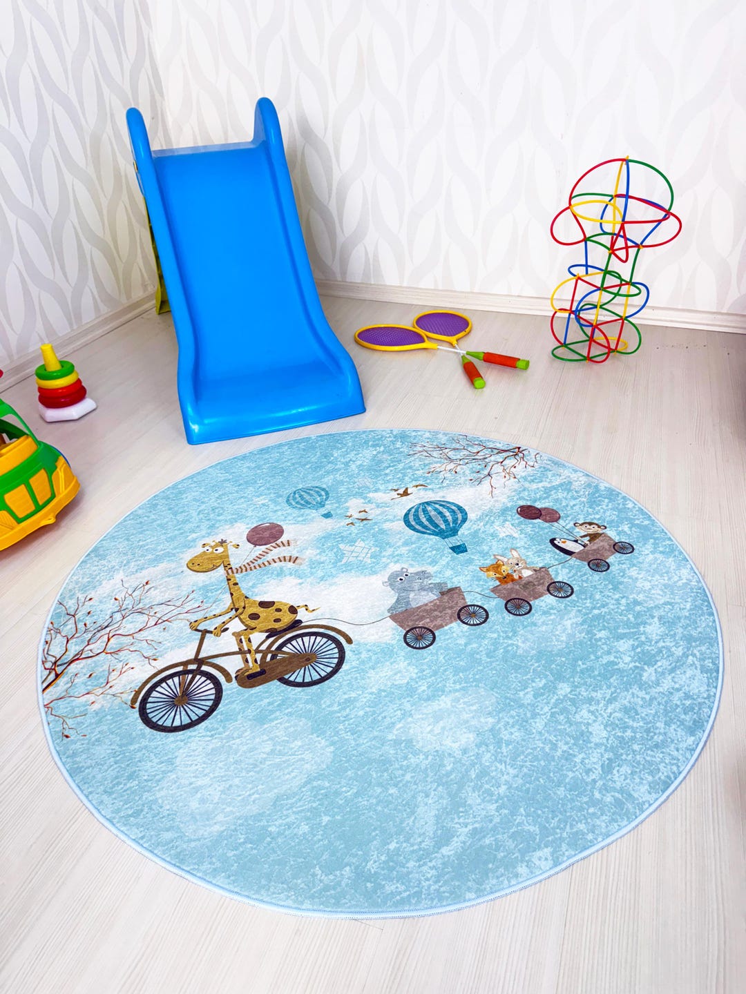 Round Children Rug Whimsical Animal Parade Round Kids Rug | Soft Cotton Play Mat for ...