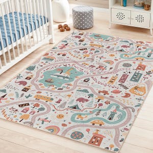 Colorful Adventure Map Rectangular Kids Rug | Playful and Educational Children's Carpet | Perfect for Nursery and Playroom