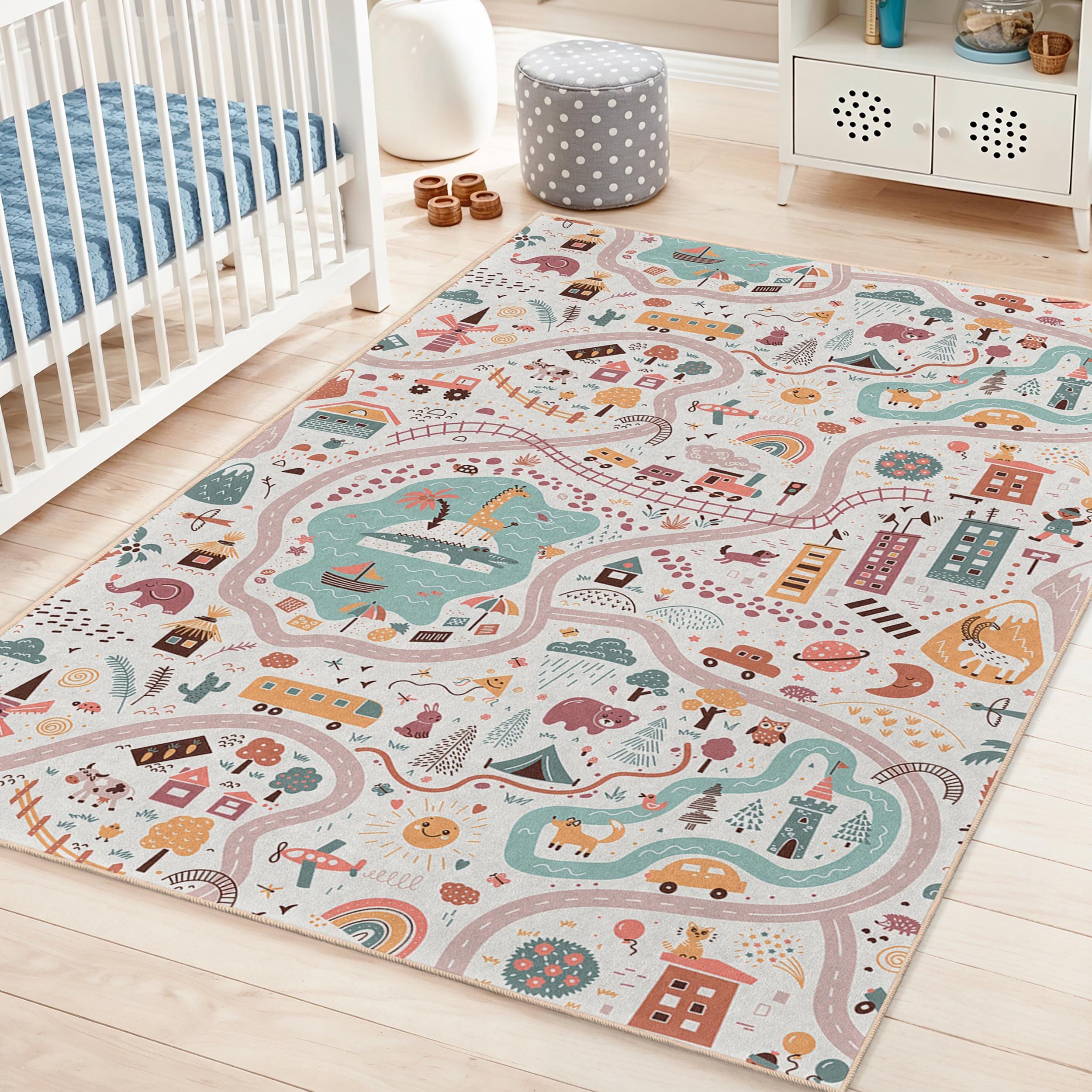 Colorful Adventure Map Rectangular Kids Rug | Playful and Educational ...
