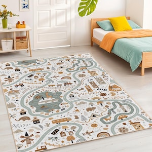 May include: A white play rug with a road map design featuring cars, trains, animals, and buildings in shades of brown, gray, and beige. The rug is rectangular and suitable for a child's bedroom or playroom.