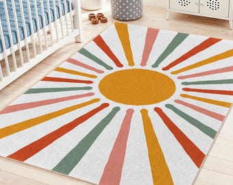 Sunburst Rainbow Rectangular Kids Rug | Colorful Playroom Carpet | Soft Nursery Mat | Vibrant Children's Room Decor