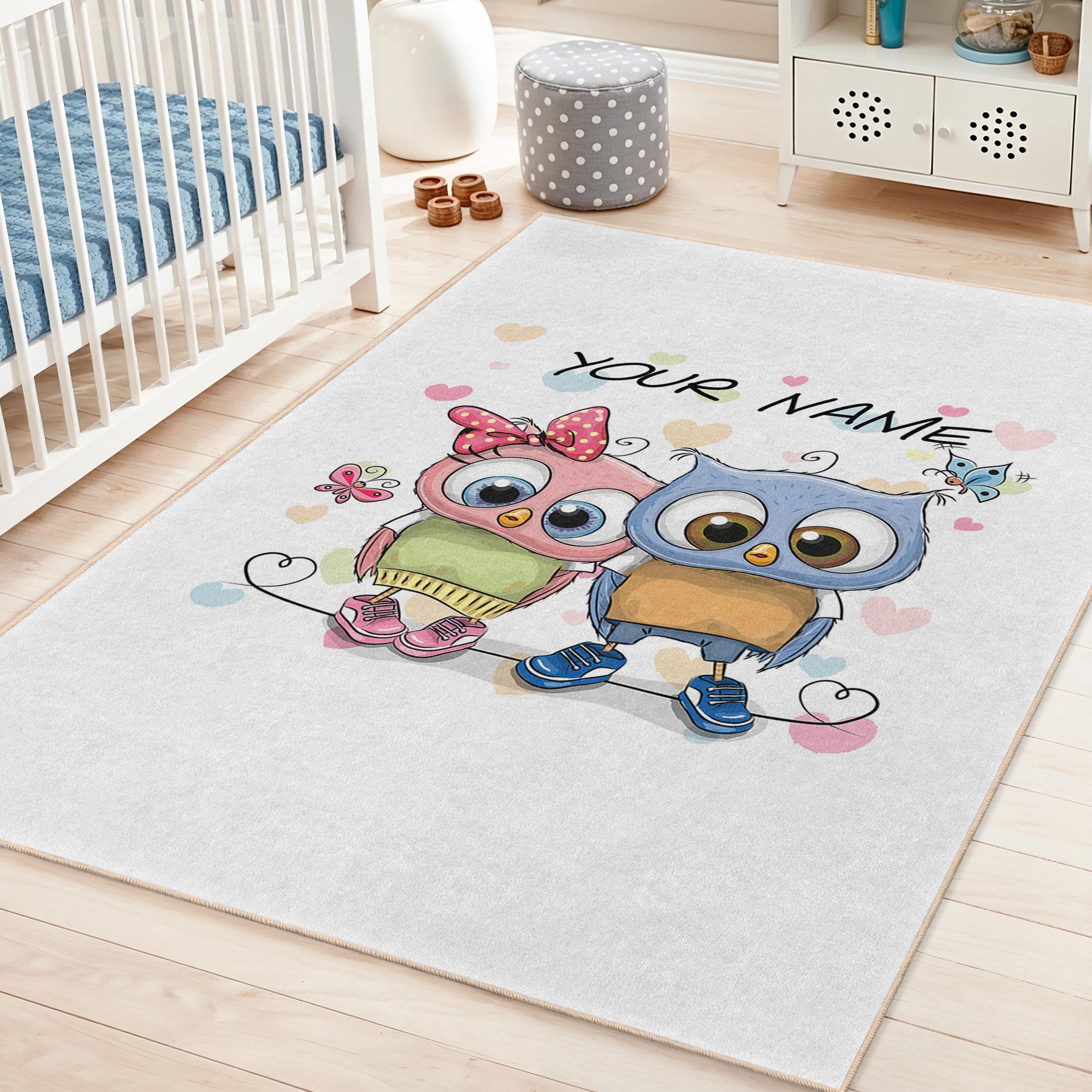 Cute Owl Love Design Rectangular Kids Room Rug with Custom Name Option | Washable Nursery Carpet Non