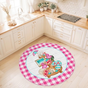 Beach Please Round Kitchen Rug | Tropical Flamingo and Seashell Design | Non-Slip Indoor Mat | Perfect for Coastal Home Decor