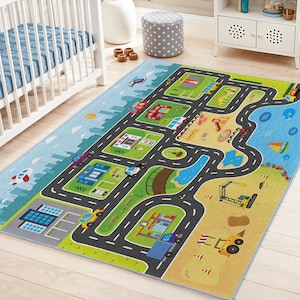 Bunter City Road Map Teppich | Rechteckig Kinderzimmer Teppich | Verspielte Auto Thema Matte | Vervollkommnen Sie für Kinderspielzimmer