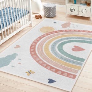 Rainbow Hearts Children&#39;s Room Rug | Soft Rectangular Play Mat | Cute Kids Carpet for Nursery | Adorable Colorful Decor