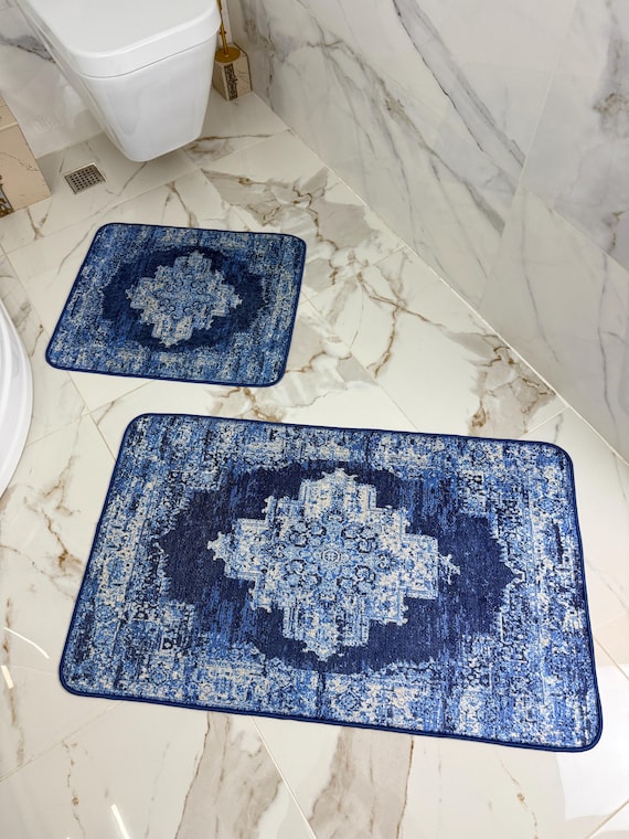 Vintage Blue Patterned Rectangular Bath Mat Set | Soft Non-Slip