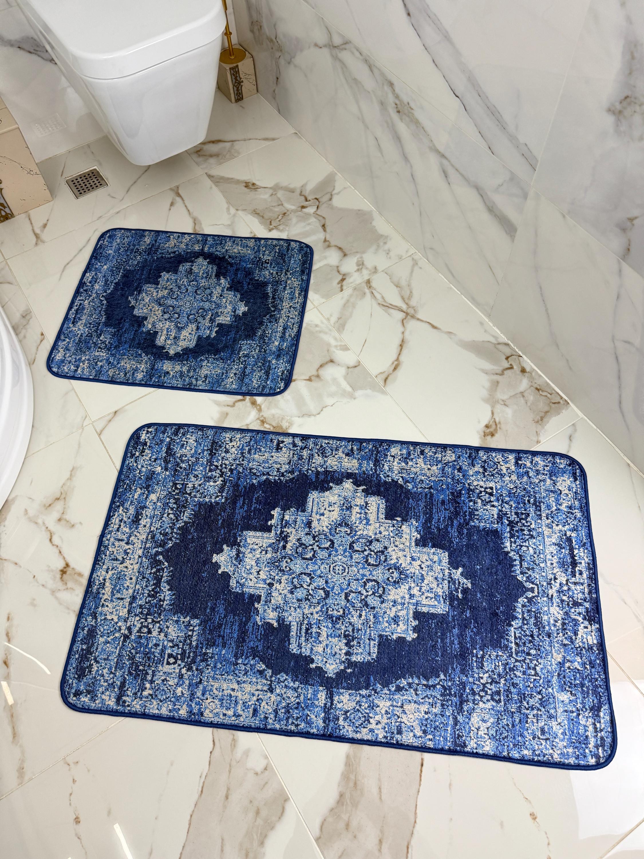 Vintage Blue Patterned Rectangular Bath Mat Set | Soft Non-Slip