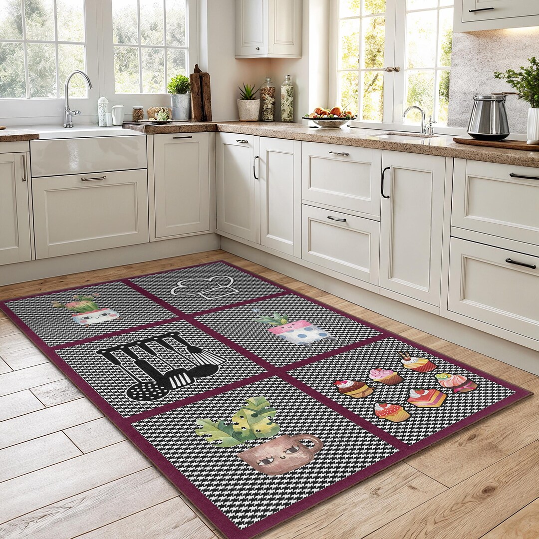 Cute Kitchen Chef Themed Rectangular Rug | Adorable Cookware and Cactus ...