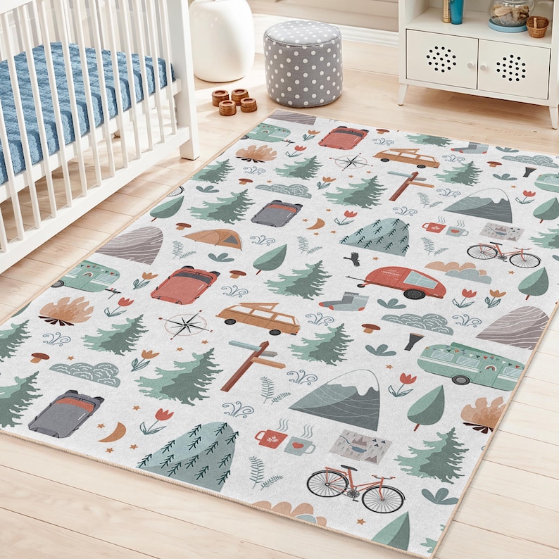 Adventure Camping Themed Rectangular Kids Rug | Outdoor Exploration ...