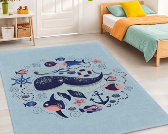Whale and Sea Life Themed Washable Kids' Room Rug | Nautical Decor Carpet | Children's Rectangle Play Mat | Fun Ocean Adventure Rug