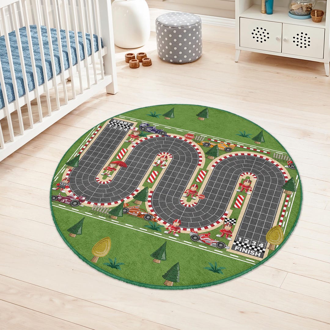 Round Racetrack Rug Race Track Themed Round Kids Rug | Fun Play Mat for Children's Room ...