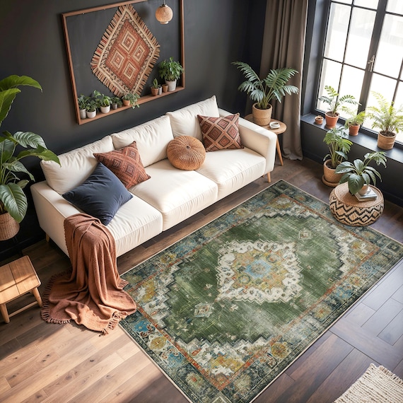 Elegant Vintage Floral Rectangular Area Rug | Soft Green and Blue Patterned Carpet | Classic Home Decor | Stunning Living Room Mat