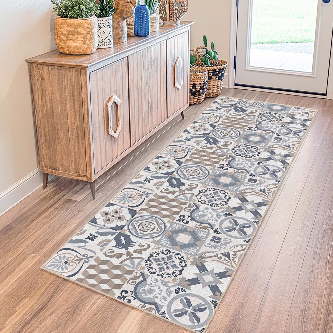 Elegant Geometric Rectangular Hallway Runner Rug, Vintage Patterned ...