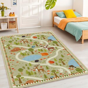 Forest Adventure Themed Washable Kids&#39; Rectangle Rug | Woodland Animal Play Mat | Children&#39;s Room Carpet | Nature Inspired Decor