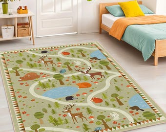 Forest Adventure Themed Washable Kids' Rectangle Rug | Woodland Animal Play Mat | Children's Room Carpet | Nature Inspired Decor