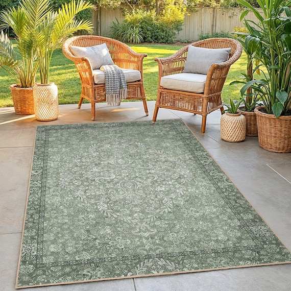 エレガントな花柄長方形エリアラグ | ヴィンテージグリーン柄