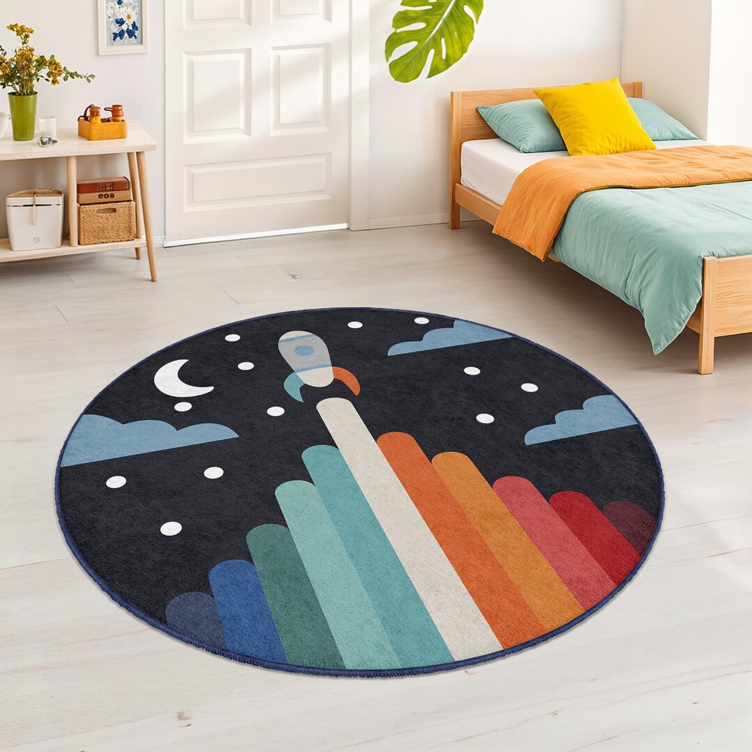 Launch Pad Rug Rocket Launch Themed Round Kids Room Rug | Space Adventure Carpet ...