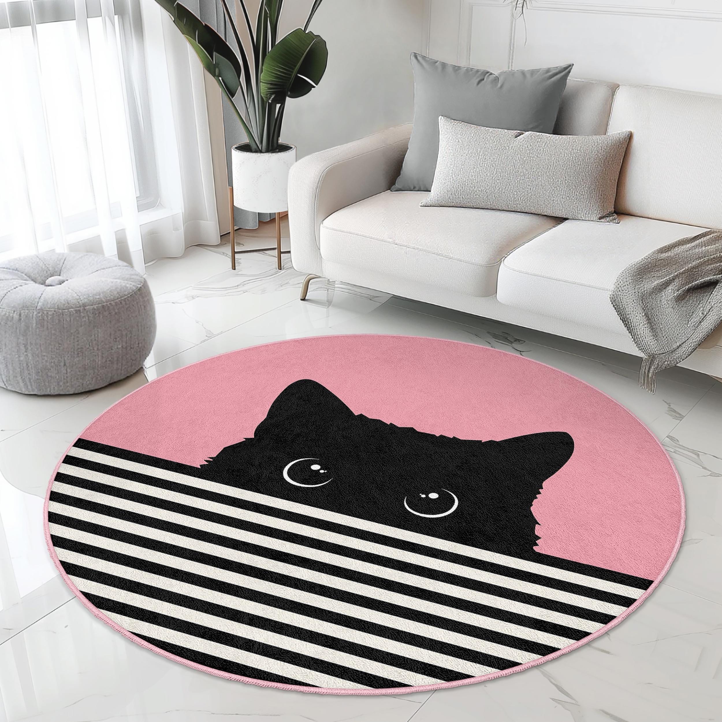 Cute Black Cat Round Area Rug | Stylish Pink and Striped Living
