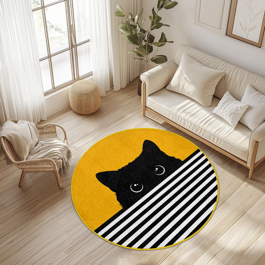 Cute Cat Themed Round Area Rug | Black and Yellow Pet Lover's Carpet ...