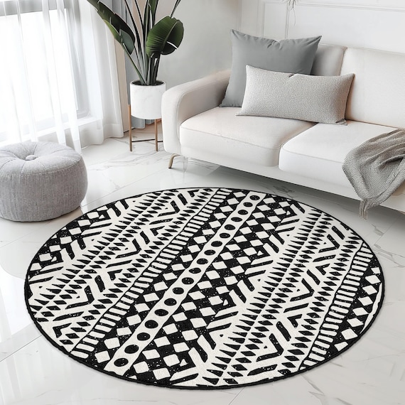 ボヘミアン風の白黒ラウンドラグ | トライバル幾何学模様カーペット