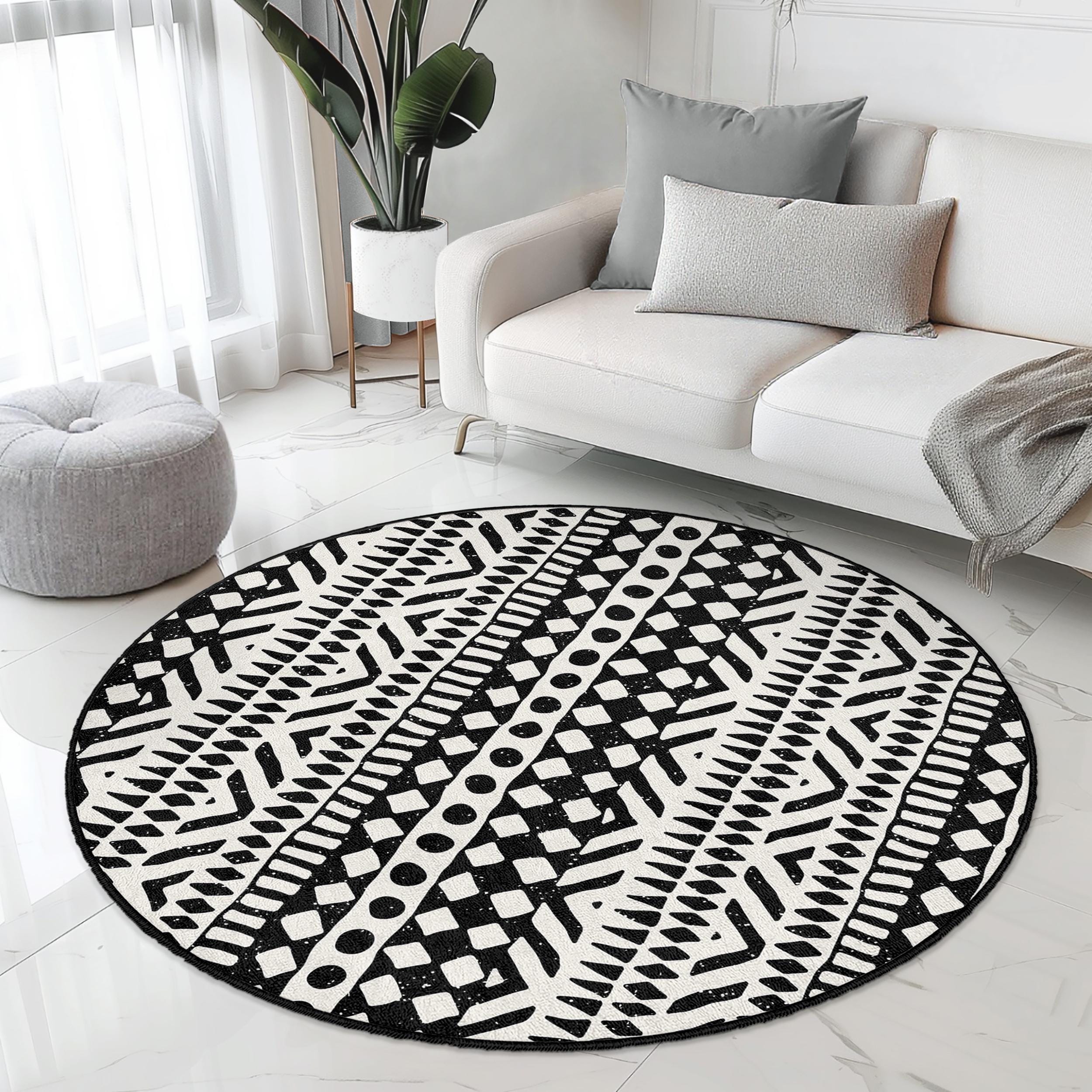 FOMAILE Round Areaラグ白黒モダンフランネルマイクロファイバーノンスリップRound Rugソフトカーペットフロアマットホームデッカーボヘミアンインドアスロ FOMAILE Round Areaラグ白黒モダンフランネルマイクロファイバー