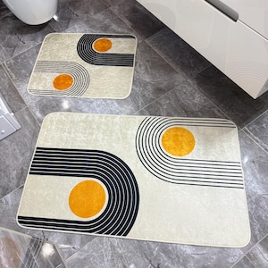 Retro Circle Patterned Washable Bath Mat | Stylish Rectangle Rug for Bathroom | Black and Orange Decorative Carpet