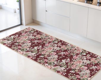 Floral Pattern Rectangle Kitchen Runner Rug | Elegant Rose Design | Vintage Inspired Home Decor | Soft and Washable Carpet