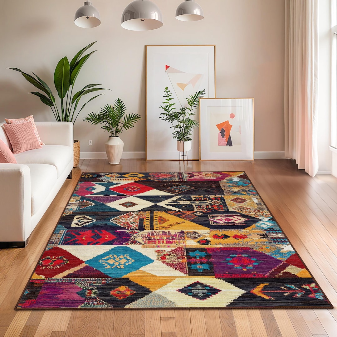Rectangular Bohemian Rug Colorful Geometric Rectangular Area Rug | Bohemian Living Room Carpet ...
