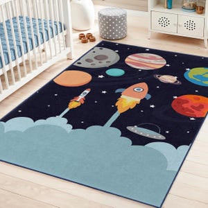Space Adventure Theme Washable Kids Rectangular Rug | Galaxy Stars Play Mat | Children&#39;s Room Carpet | Best Space Kids Rugs
