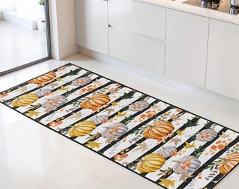 Autumn Pumpkin Themed Rectangular Kitchen Runner Rug | Fall Harvest Decorative Mat | Seasonal Home Decor | Cozy Kitchen Accent