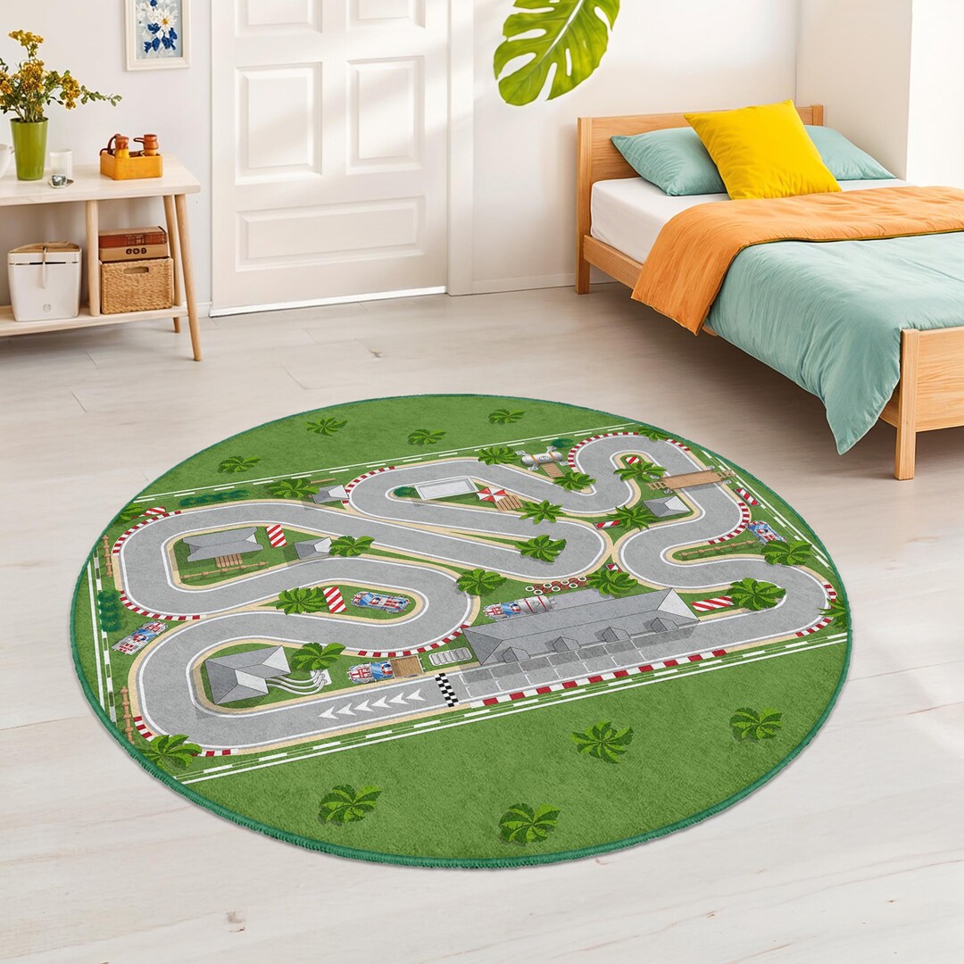 Race Track Themed Round Kids Rug | Colorful Play Mat for Children's ...