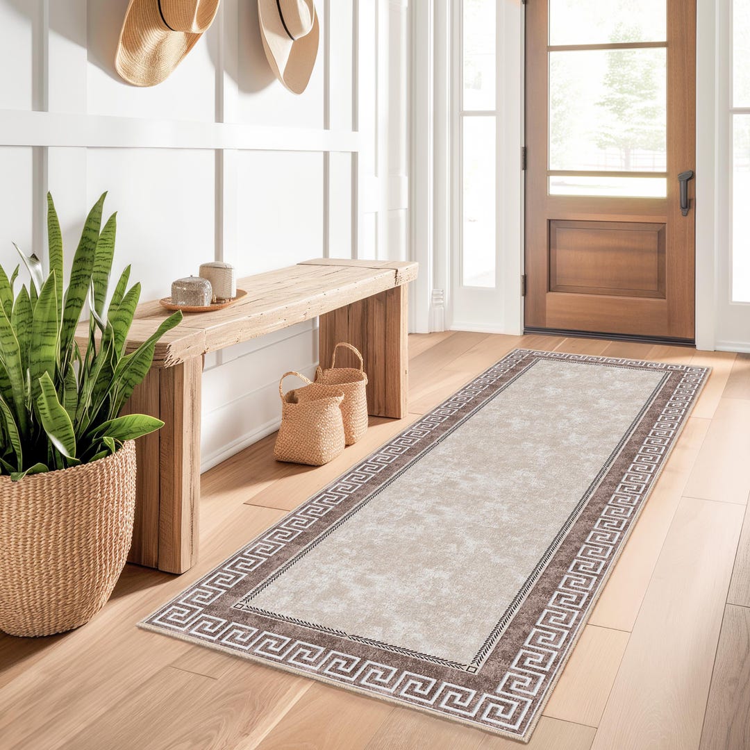 Elegant Beige Rectangular Area Rug, Classic Greek Key Design, Perfect ...