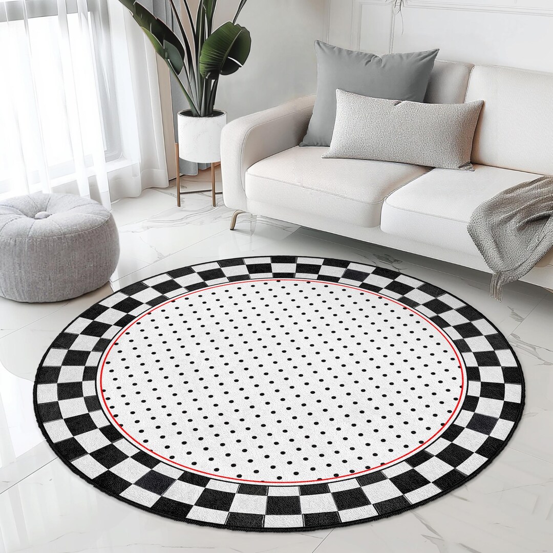 Stylish Black and White Checkered Round Area Rug | Modern Living Room ...