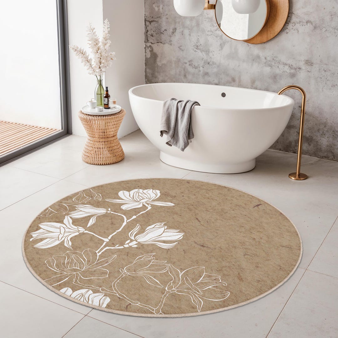 Floral Round Bath Mat | Elegant Flower Design Bathroom Rug | Soft and ...