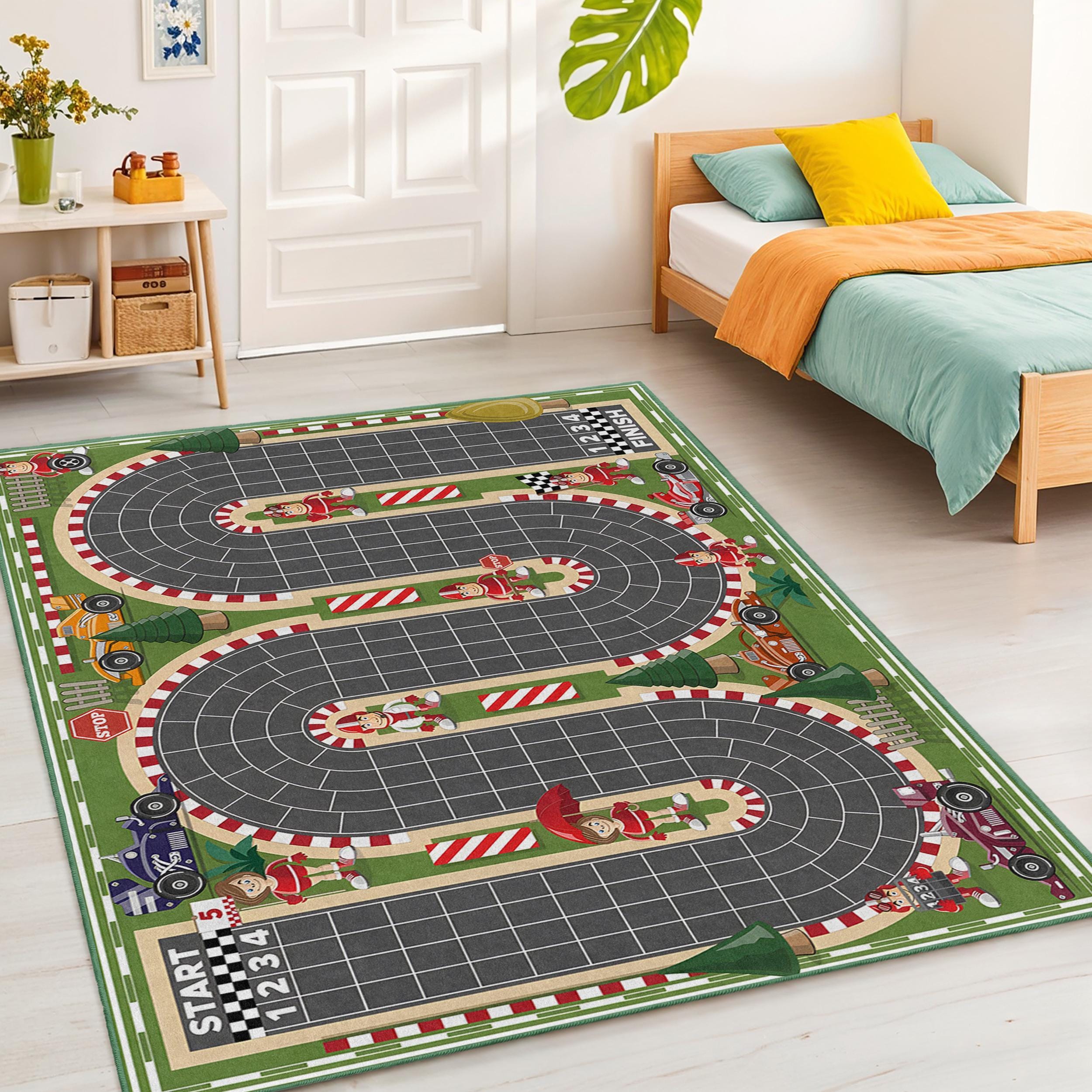 Race Track Themed Rectangular Kids Rug | Playful Car Carpet for