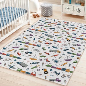Colorful Vehicles and Transportation Themed Rectangular Kid&#39;s Room Rug | Playful Carpet for Children | Fun Nursery Decor