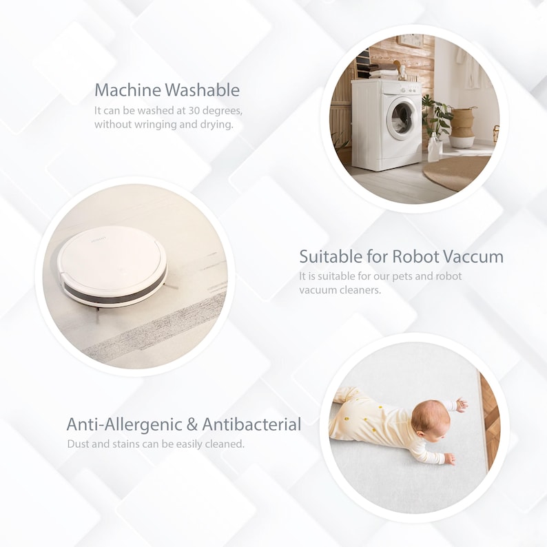 May include: An image with text that reads "Machine Washable", "Suitable for Robot Vaccum", and "Anti-Allergenic & Antibacterial". The image shows a white robot vacuum, a washing machine, and a baby on a white surface.
