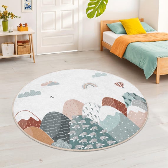Mountain Landscape Round Rug | Kids Room Decor | Soft Cotton Play