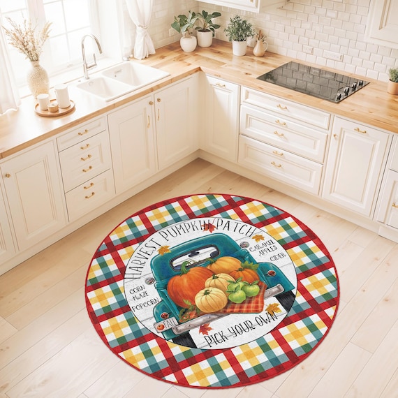 Harvest Pumpkin Patch Round Kitchen Rug | Fall Decor Mat | Cozy Autumn Home Accent | Farmhouse Style Round Carpet