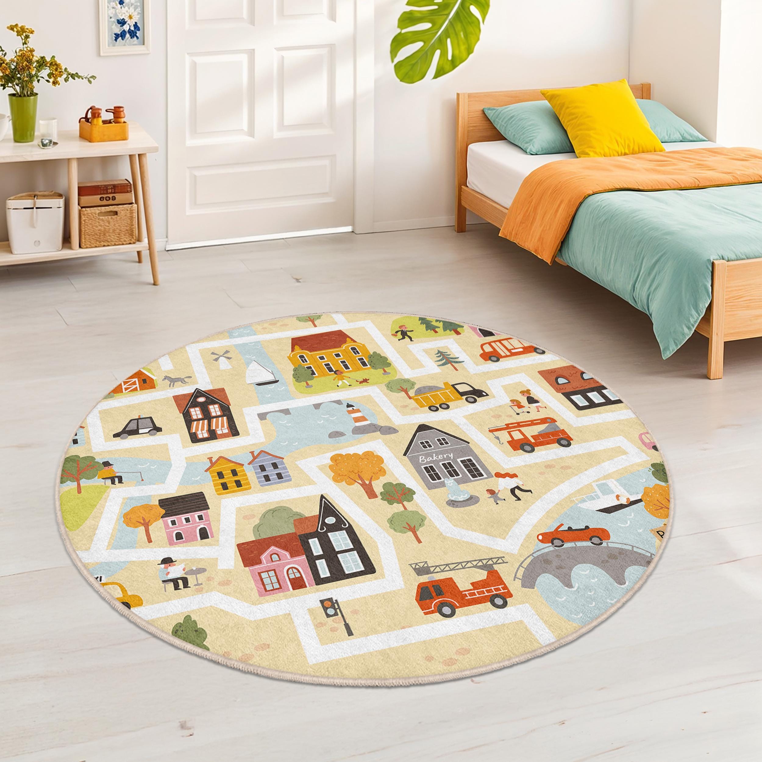 Cartoon Bruin Grijs Leeuw Rond Tapijt - Kinderen Speelmat en Kruipen Mat - Antislip, Wasbaar, Niet Vergieten - Slaapkamer - 140 cm
