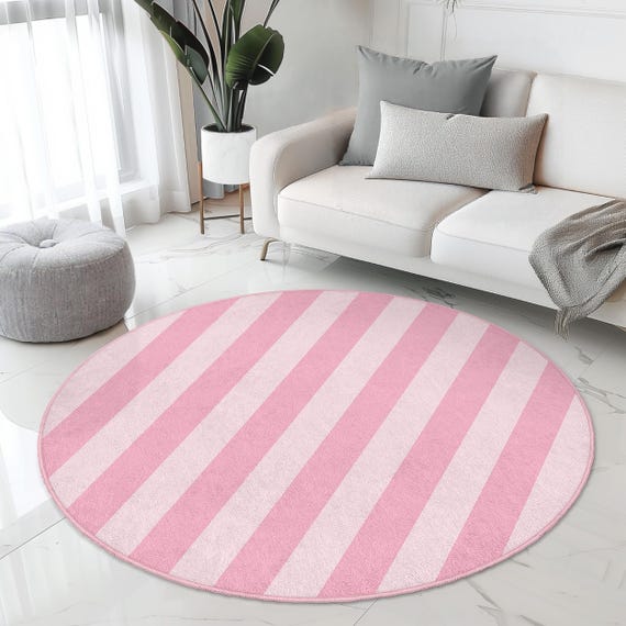 Pink Striped Round Living Room Rug | Soft Cotton Area Carpet