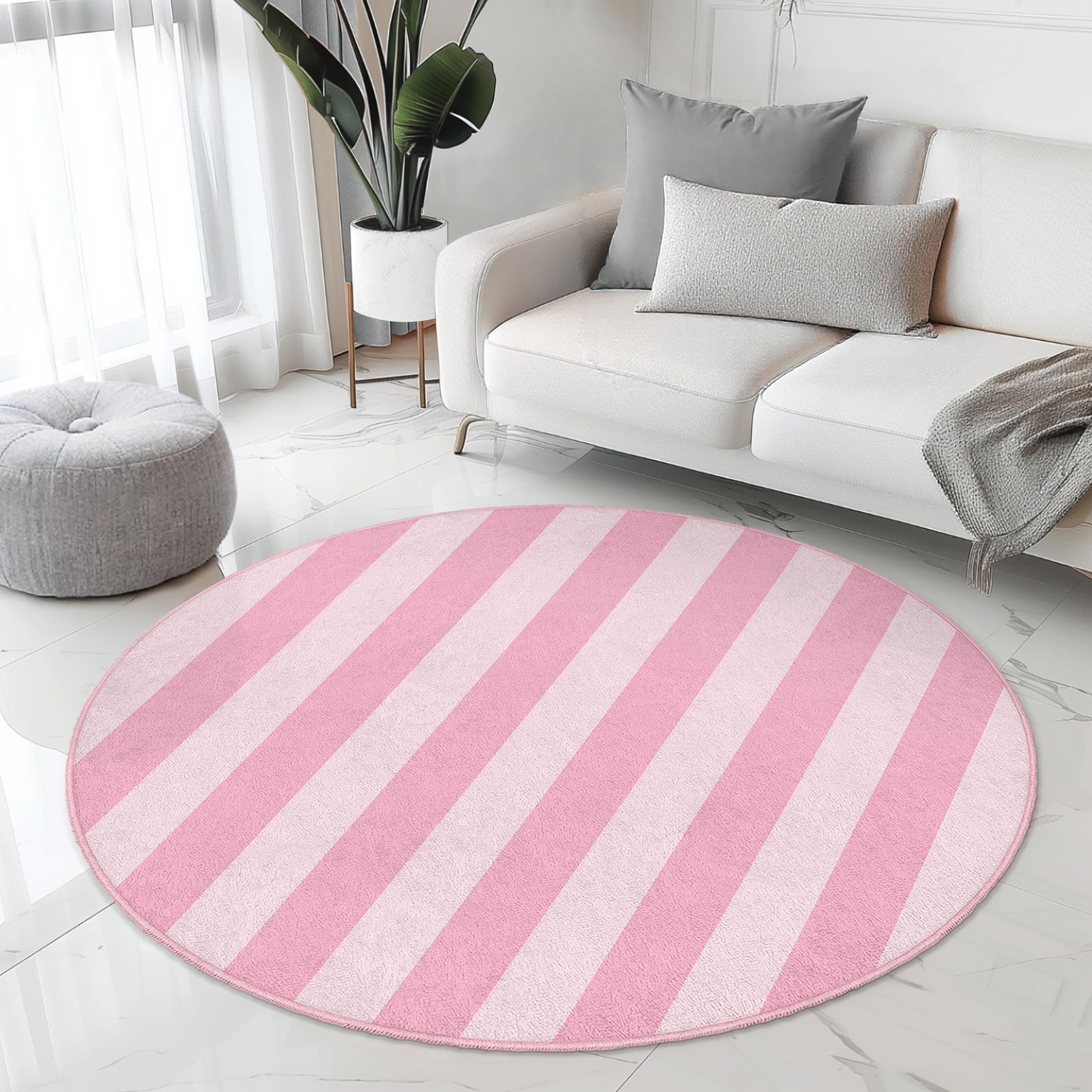 Pink Striped Round Living Room Rug | Soft Cotton Area Carpet