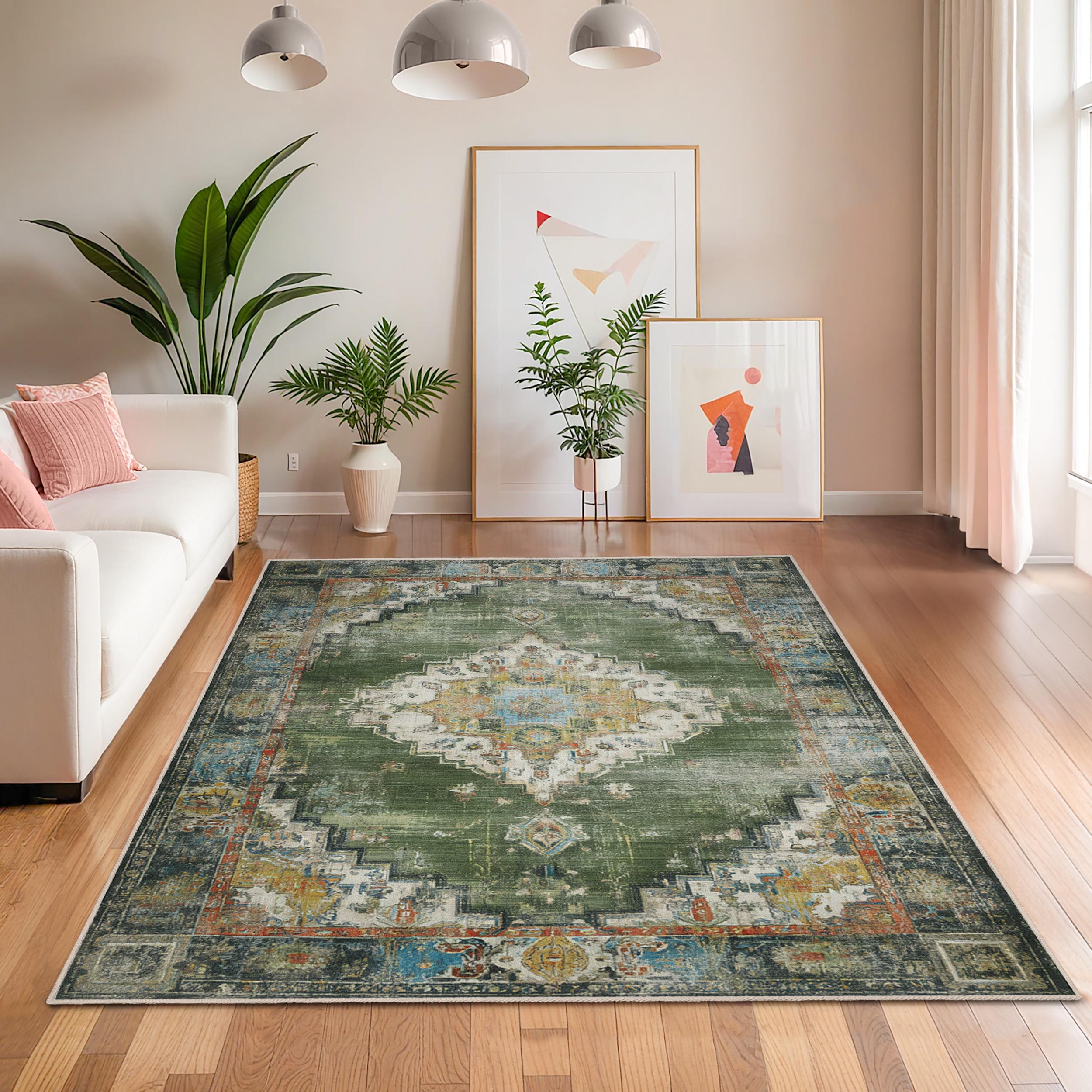 Elegant Vintage Floral Rectangular Area Rug | Soft Green and Blue ...
