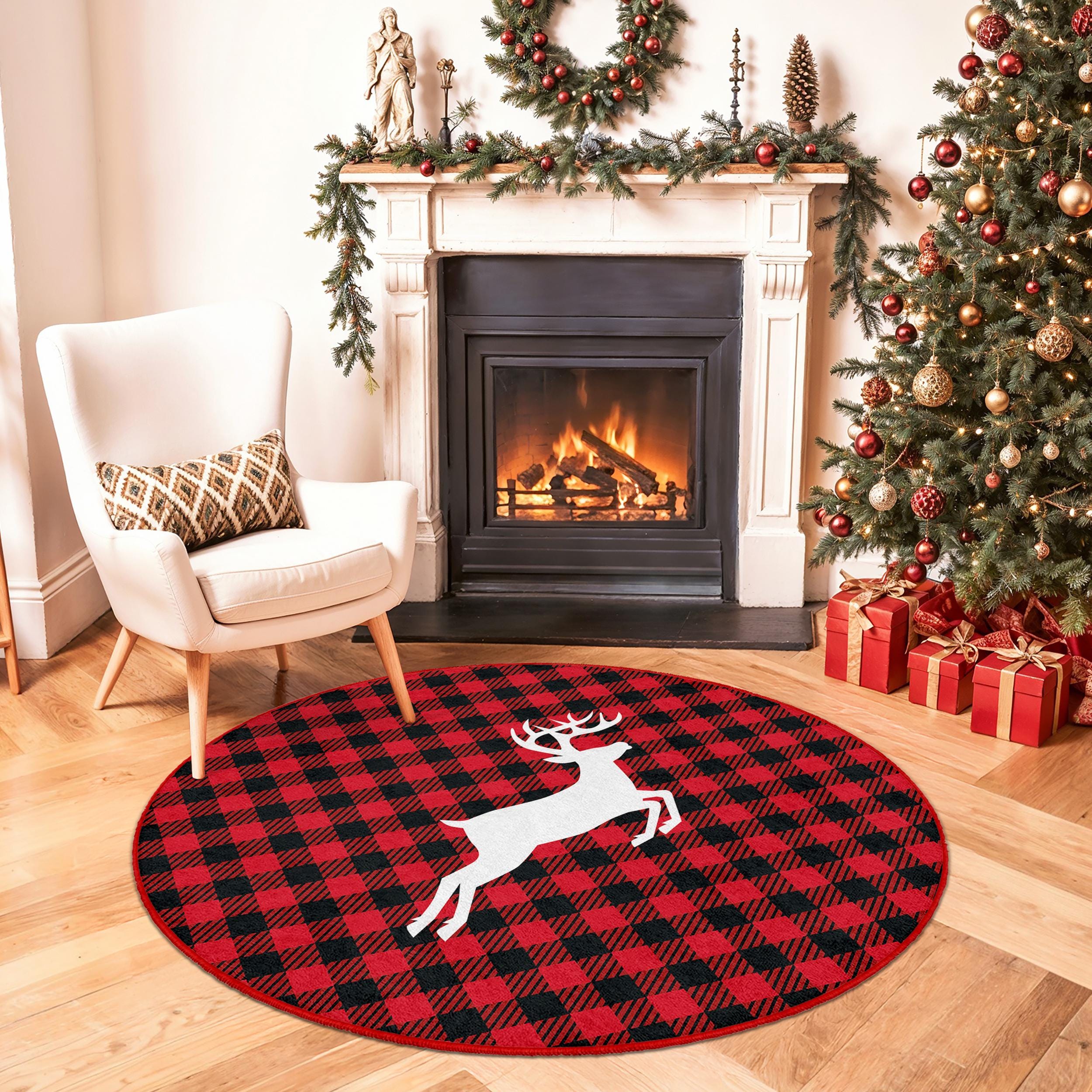 Tappeto Rotondo Natalizio 160 Cm - Lavabile, Antiscivolo, Decorazione Casa Con Motivo Albero Di Natale E Renne