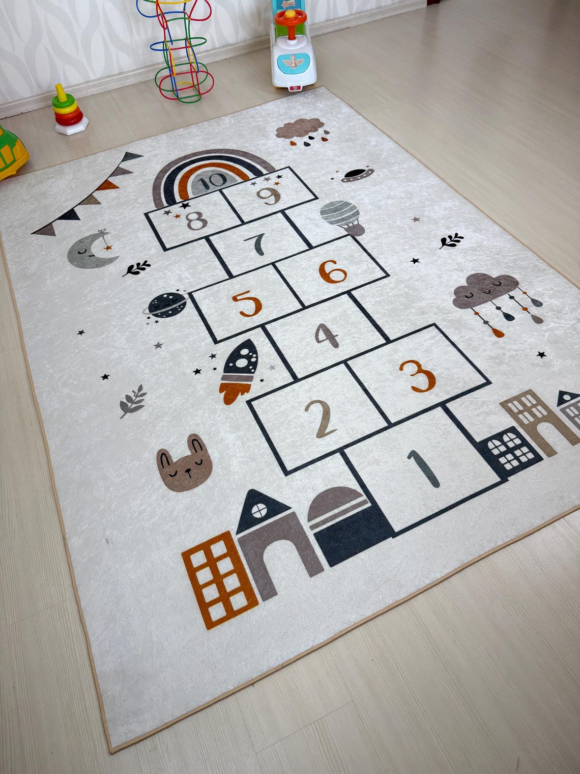 Hopscotch Themed Rectangular Kids' Room Rug | Playful Nursery Carpet ...