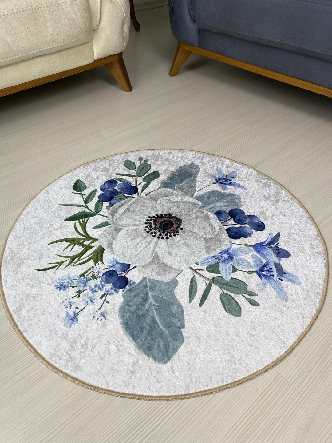 Floral Round Area Rug | Elegant White Anemone and Blueberry Design ...