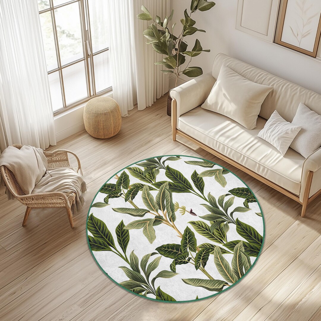 Botanical Round Area Rug | Tropical Leaf Design Carpet | Soft and ...