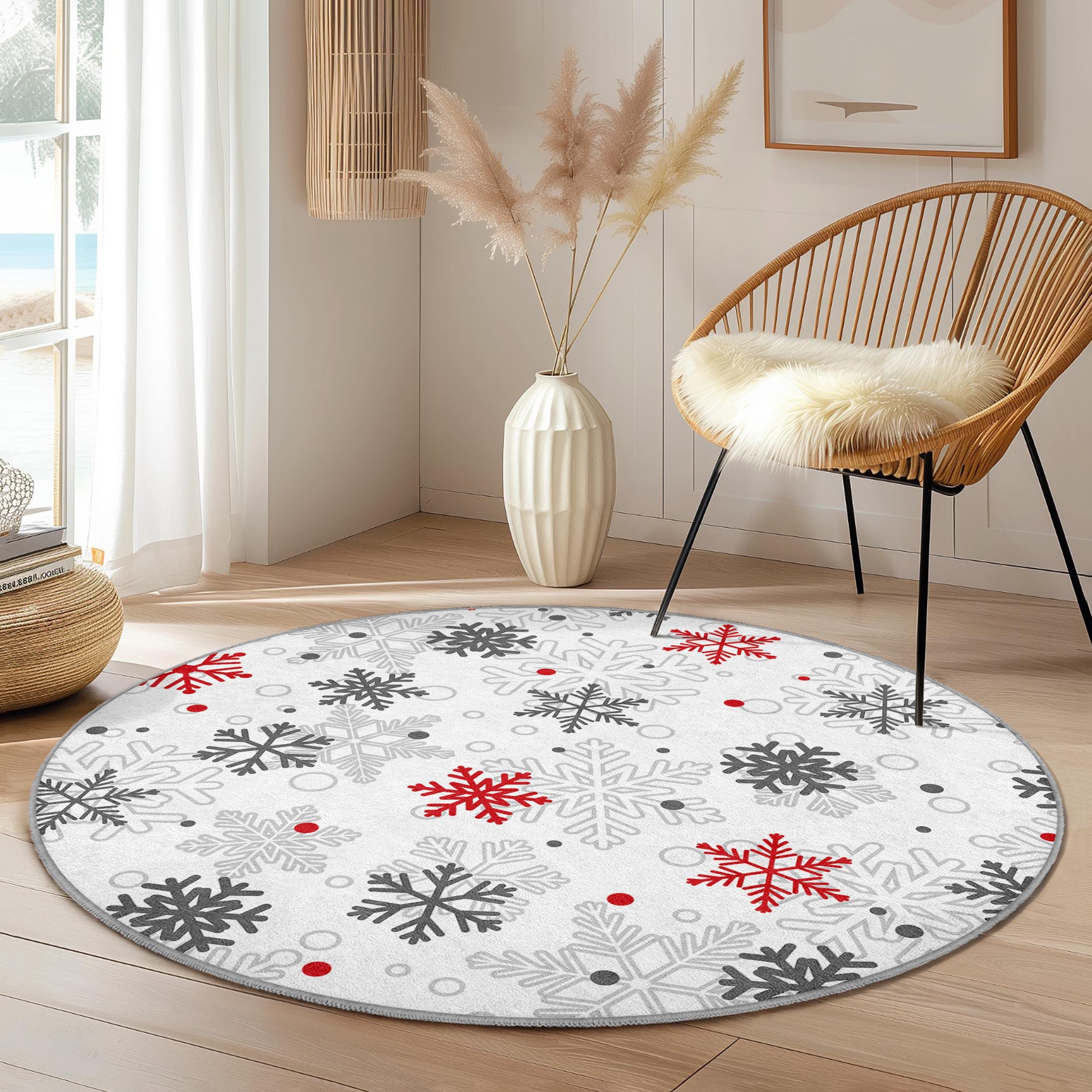 Winter Wonderland Round Area Rug | Snowflake Pattern Carpet | Cozy