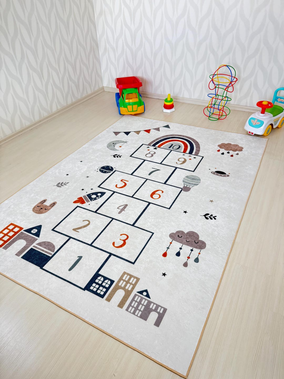 Hopscotch Themed Rectangular Kids' Room Rug | Playful Nursery Carpet ...
