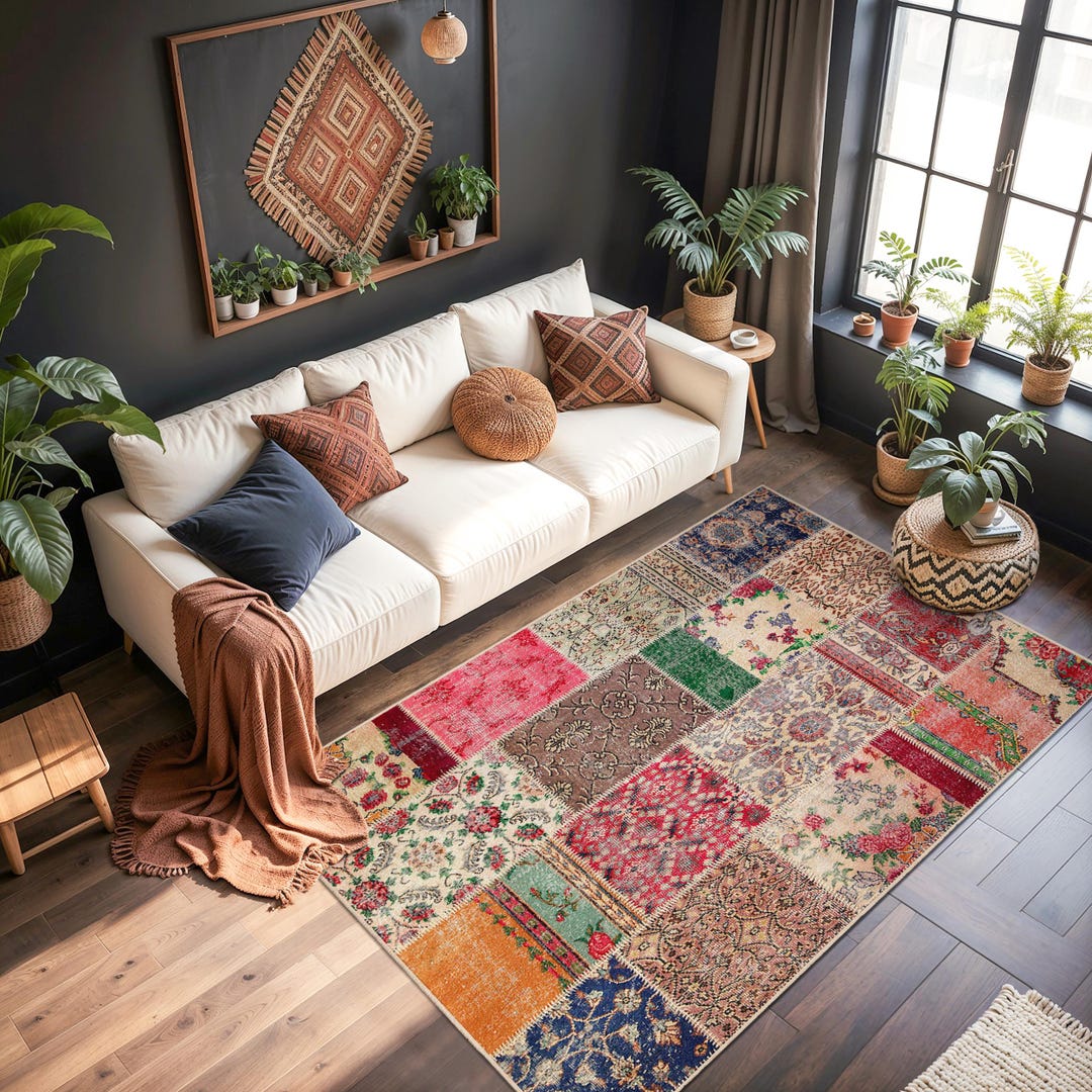 Vintage Patchwork Patterned Rectangle Area Rug | Boho Chic Living Room ...